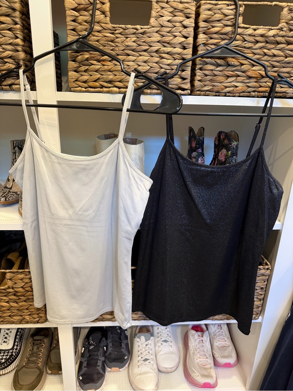 White House Black Market Black Sparkle & White Spaghetti Strap Camisoles
